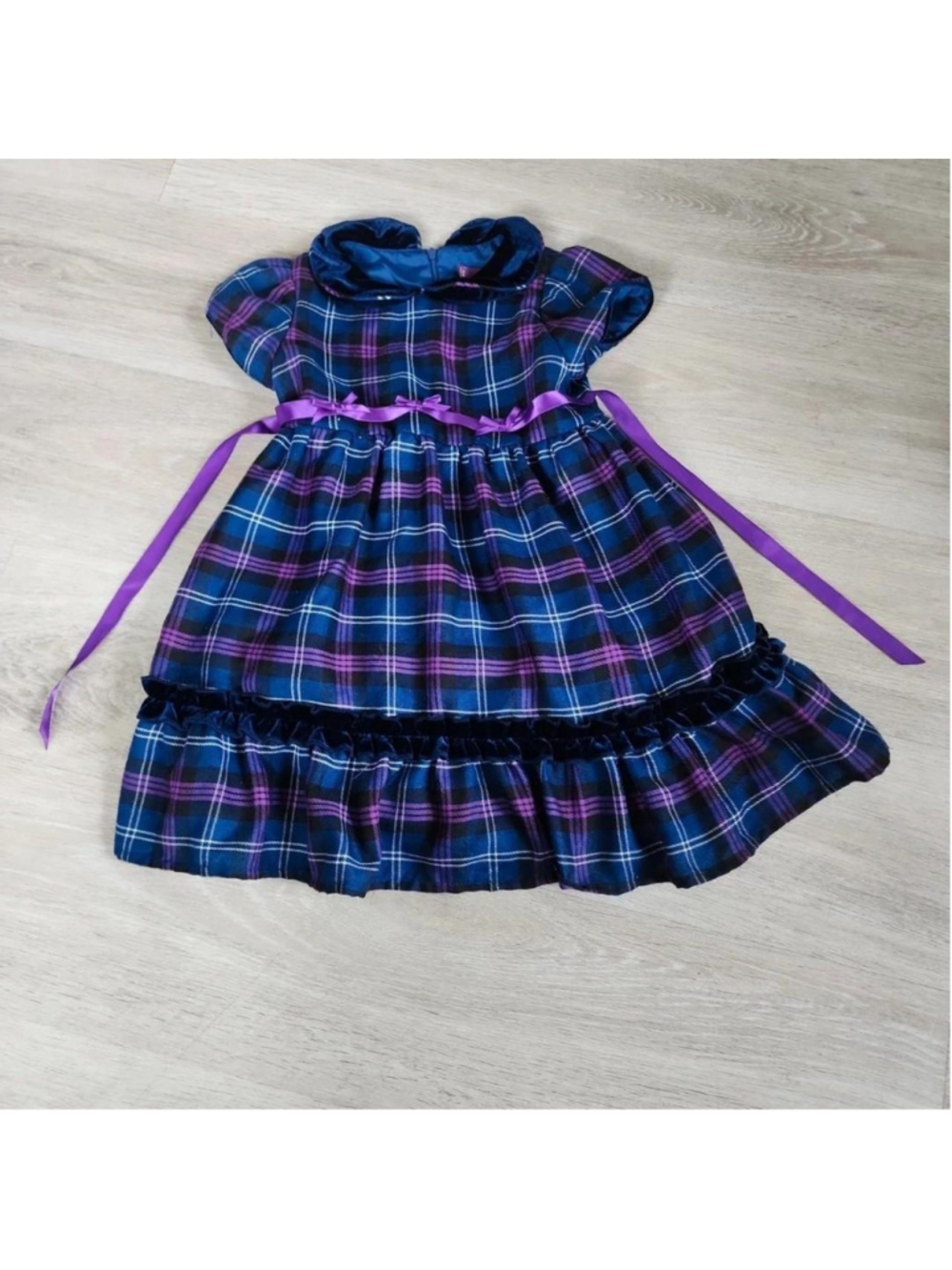 Rebecca Stewart blue and purple plaid dress with purple ribbon, size 3/4 years #